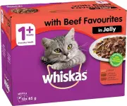 WHISKAS 1+ Years Wet Cat Food with Beef Favourites in Jelly 12 X 85G, 5 Pack ...
