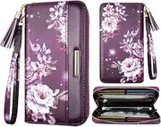 [COCO ROSSI] Wallets for Women PU Leather Card Holder Organizer Ladies Clutch with Tassel Wristlet Wrist strap, Purple Flowers, long purse
