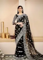 Net Embroidered Hand Embellished Stiched Saree We Do Customize Stitch Also