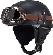 Vintage Leather Open Face Helmet Motorbike Helmet with Goggles Half Shell Helmet for Adult Men Women Motorcycle Scooter Half Shell Helmet DOT/ECE Approved