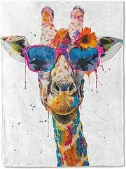 ainori Giraffe with Sunglasse Flannel Blanket - Vibrant Pop Art with Fun Splashes of Color Throw - Lightweight Soft Cozy Gifts Blankets for Kids Adult,Modern Artistic Decor,Home Room Accent 50x60in