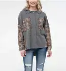 Miss Me Women's Waffle Knit Button Down Hooded Grey & Plaid Top
