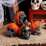 Halloween Skull Resin Figurine with Pumpkin Hat, Spooky Head Skeleton Decoration for Haunted House, Horror Room, Tabletop Display Party Decor