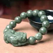 Natural A Grade Jade Jadeite Women 13mm Beaded Lucky Coin Rich Pixiu 貔貅 Bracelet
