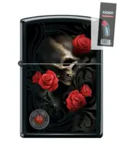Zippo 64968 Anne Stokes Collection Skull with Red Roses Lighter + FLINT PACK