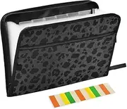Black Leopard Print File Folders 13 Pockets A4 Letter Size File Organizer with Zipper Closure Document File Folder for Office