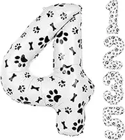 40 Inch Dog Foil Birthday Balloons, Number 4 Balloons 4 year old Black White Dog Balloons Paw Print Dog Bone Balloons for Girls Boys 4th Birthday Party Decorations(Number 4)