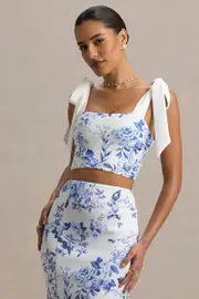 Phoebe | Blue Porcelain Print Crop Top With Tie Straps Tie