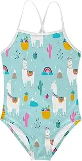 [KiuLoam] Llama Alpaca and Cactuses Girls One-Piece Swimsuit Quick Dry Beach Swim Bathing Suit for 3-4 Years Little Girls