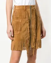 $695 NWT DIESEL Sz42(M) BLACK GOLD SPLIT SUEDE LEATHER WITH FRINGES SKIRT TAN