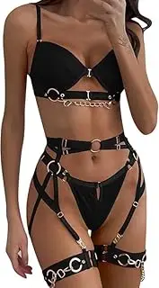[GoFunway] Women Sexy Lingerie 3 Piece Strappy Chain Lingerie Set with Garter Belt Underwire Bra and Panty Sets