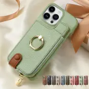 For iPhone 15 Pro Max/14/13/12/11/XR Flip Back Zipper Card Wallet Case with Ring