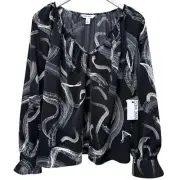 NINE WEST Womens Top Size Large Black White Print Blouson Peasant Blouse NWT