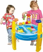 Lenoxx Large Children's Sand & Water Table - Blue Table with Yellow Detachable Legs, 24 Assorted Accessories Including Interactive Train Track, Sand Moulds, Water Cans - Age 3+