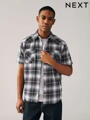Black & White Short Sleeve Check Twin Pocket Western 100% Cotton Shirt (AA3831) | $64