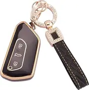 EKALA Key Fob Cover Fit for VW Volkswagen Golf 8 ID.3 ID.4 Seat Leon Tarraco Ateca Cupra Formentor Leon 3 Buttons Key Case Soft TPU Key Shells with Leather Keychain Lanyard Black Gold (BP-Vlw-3D)