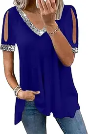 [Zylphorix] Women Cold Shoulder Sequin T-Shirt Glitter Sequin Trim Short Sleeved Top Solid Color V Neck Paillette Blouse Tee
