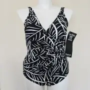 Miraclesuit Oceanus Size 14 Black White Leaf Leaves One Piece Swimsuit NWT