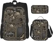 [StOlmx] 3 Pcs Set Backpack,Waterproof Bookbag, Insulated Lunch Bag & Pencil Case Pouch, Travel,Hiking,Sheet Music Print, Steampunk Mechanical Gears, One Size