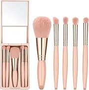 5 Piece Travel Makeup Brush Set with Storage Case Built-in Mirror Portable Mini Synthetic Fibre Makeup Brushes For Eyeshadow Brushes Foundation Brushes Blush Gifts for Women (apricot)