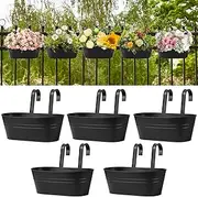 Zishine 5 Pcs Metal Iron Hanging Flower Pots 13.7 Inch Iron Railing Planter Hanging Planters for Outdoor Plants Metal Hanging Bucket Pots with Drainage Holes and Hooks for Outdoor Porch(Black)
