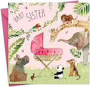 Twizler New Baby Sister Card with Pink Crib and Jungle Animals - New Baby Card - Sister Card - Brother Card - Congratulations Card - Cute Card - New Baby Gifts - Baby Girl Gifts - Baby Sister Gifts