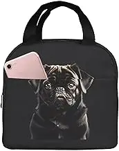 WURTON Cute Black Pug Dog Print Lunch Bag Lunch Box Women Men Reusable Portable Lunchbox For Travel Work Picnic
