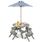 HONEY JOY Kids Picnic Table w/4 Chairs Wooden Octagon Desk w/Foldable Umbrella