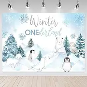 Mocsicka Winter Onederland Backdrop Winter Woodland Arctic Animals Happy 1st Birthday Party Decorations Snowflake Polar Bear Penguin First Birthday Photography Background (7x5ft)