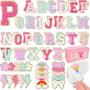 [Gleihow] 72Pcs Chenille Letters Patches Self Adhesive Include 52 Stick on Varsity Letter Patches 20pcs Bow Flower Rainbow Lightning Chenille Patch Stickers for Trucker Hats Clothes Jackets Bag Backpacks
