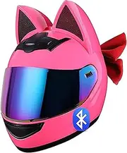 Personalized Cat Ear Bluetooth Motorcycle Helmet, DOT /ECE Certification Full Face Motorbike Helmet, Cool Cute Cat Helmets with Bow Tie, for Men and Women
