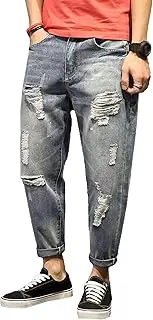 [Zylphorix] Men Regular Fit Street Ripped Jeans Distressed Denim Pants with Holes Y2K Classic Flip Hem Harem Trousers, Light Blue, 32