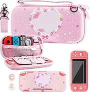 RHOTALL Carrying Case for Nintendo Switch Lite, Cute Case Cover Accessories Bundle for Switch Lite with TPU Protective Shell, Adjustable Shoulder Strap, Screen Protector and 2 Thumb Caps - Pink Bunny