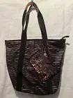 NEW BATH & BODY WORKS SPARKLE BLACK GOLD STRIPED CANVAS BAG TOTE Attached Bag
