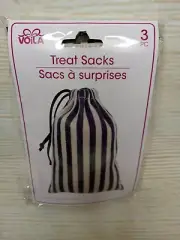 New! Burlap Look Fabric Drawstring Gift Treat Bag Striped Navy Blue Beige