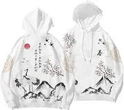 [Kelukes] Unisex Japanese Retro Art Hoodie Crane Fox Lion Dance Dragon Graphic 3D Print Casual Pullover Sweatshirt with Pockets, White-1, Medium