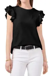 Vince Camuto Womens Black Flutter Sleeve Jewel Neck T-Shirt, Black, XS, $49
