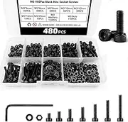 480PCS M3 Hex Socket Head Cap Screw Bolts Nuts Assortment Kit, 12.9 Alloy Steel Metric Screws with Allen Wrench, Allen Socket Hex Drive Black Machine Screws Set（ 4/6/8/10/12/16/20mm ）