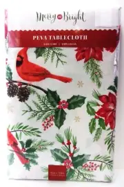 Merry And Bright Peva Tablecloth Christmas Red Cardinal/Holly/Amaryllis 60"x102"