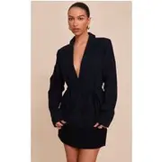Black Linen Look Tie Waist Blazer, Black