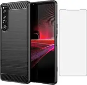 [Asuwish] Phone Case for Sony Xperia 1 IV 2022 with Tempered Glass Screen Protector Cover and Cell Accessories Slim Soft TPU Silicone Rubber Protective Experia 1IV 4 5G Women Men Carbon Fiber Black