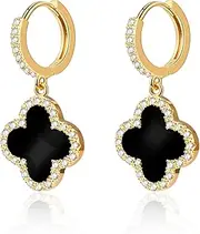 [AILPIWE] Gold Dangle Earrings, 14K Gold Plated Small Huggie Hoop Earrings with Charms Four-leaf Clover, Dainty Drop Dangle Earrings for Women