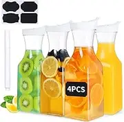 Plastic Carafe with Lid, 4Pcs 1 Liter Mimosa Bar Supplies Large Square Base Clear Beverage Milk Drink Water Juice Containers for Mimosa Bar Fridge (4)