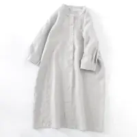 在飛比找博客來優惠-【ACheter】 棉麻連身裙純色圓領休閒襯衫式寬鬆顯瘦七分
