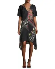 NWT Etro Mixed-Print Short-Sleeve Silk Black Dress Size 42 $1735