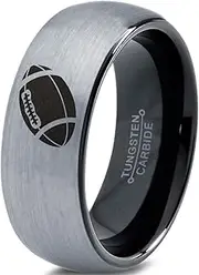 Tungsten American Football Ball Band Ring 8mm Men Women Comfort Fit Black Dome Brushed Gray Polished Size 9.5