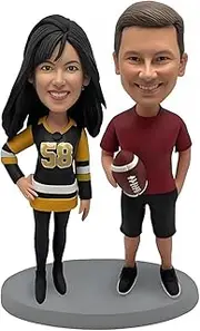 Custom Sports Couple Bobblehead, Hockey Jersey and Football Fan Design, Personalized Gift Figurine, Desk Decoration Based on Your Photo