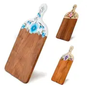 Acacia Wood Cutting Board for Kitchen – White background with turquoise flowers