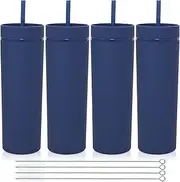 [Volhoply] 20oz Plastic Skinny Tumblers Bulk 4 Pack,Double Wall Tumbler with Lid and Straw,Reusable Travel Iced Coffee Mug,BPA Free Matte Acrylic Water Cups With Straw for Parties,DIY Gifts(Navy, 4 Set）