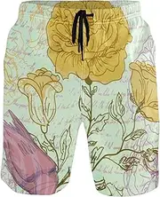 [GuoChe] Men's Novelty Beach Shorts Grungy Retro Roses Bird Animal Yellow Quick Dry Beachwear Board Shorts Mens Swim Trunk, Grungy Retro Roses Bird Animal Yellow, Medium